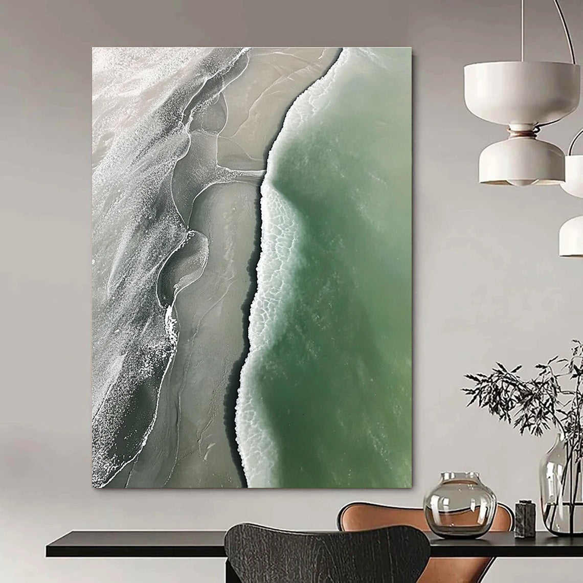 Abstract art piece featuring an aerial view of a beach with green and gray waves flowing onto white sandy shores.STSC529