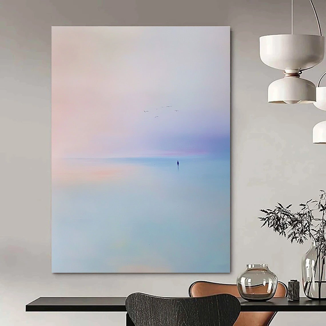 Abstract painting of the sea featuring a light blue and purple sky with soft tones and minimalist style capturing a serene beach scene with flying birds.STSC346