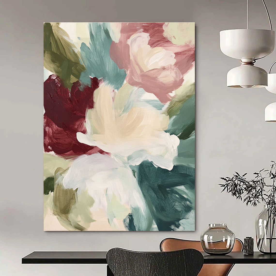 Large abstract floral painting in soft creams and sage greens with large brush strokes of maroon navy blue and minty pink for a serene garden view.STSC558