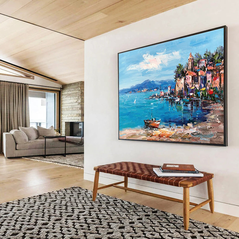Coastal Town Abstract Painting with Blue, Pink, and Orange Tones THY230