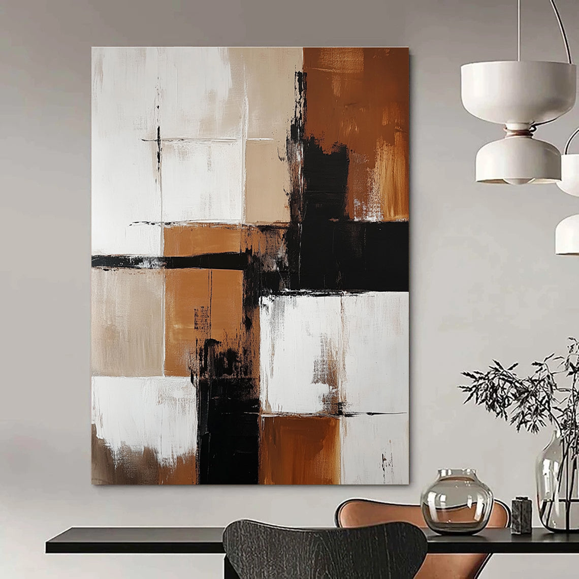 Abstract painting featuring brown and white color blocks with minimalistic black shapes enhancing each section creating a striking visual impact.STSC415