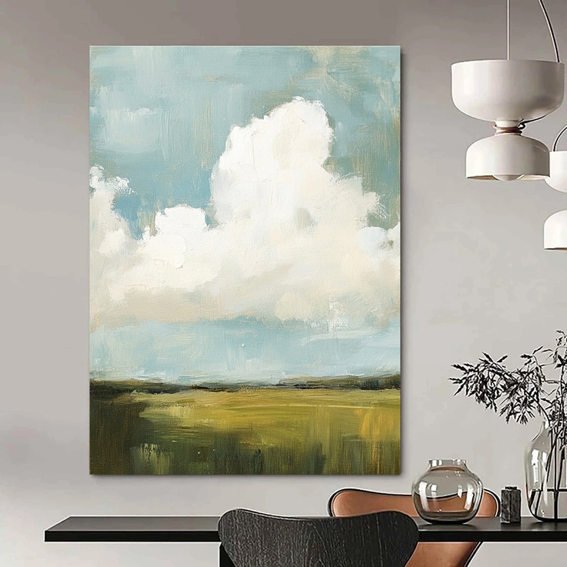Large abstract painting featuring fluffy white and gray clouds over green grass fields with visible brush strokes and muted colors, creating a detailed scene.STSC873