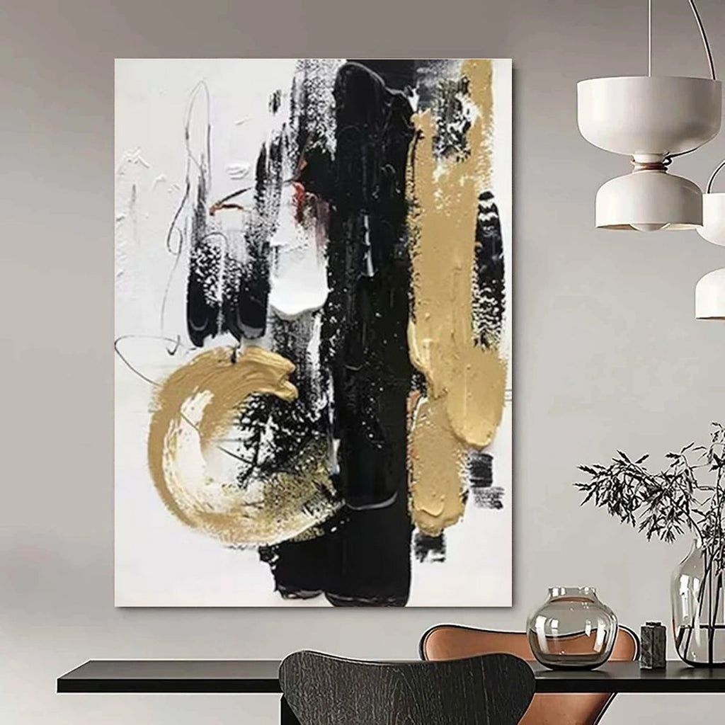 Black Gold and White Abstract Painting with Textured Layers ADGE146
