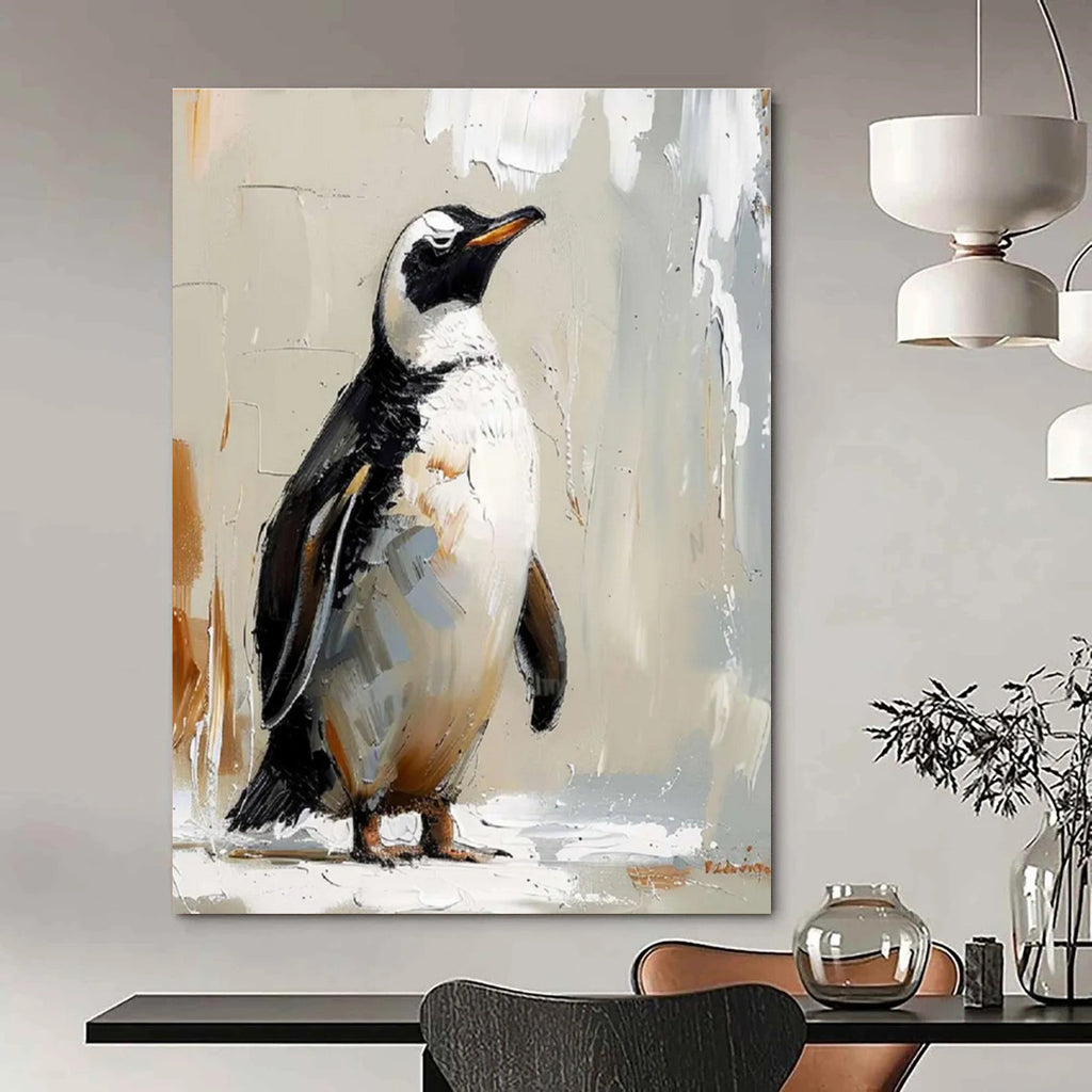 Textured Penguin Portrait Abstract Painting with Neutral Background ADGE496