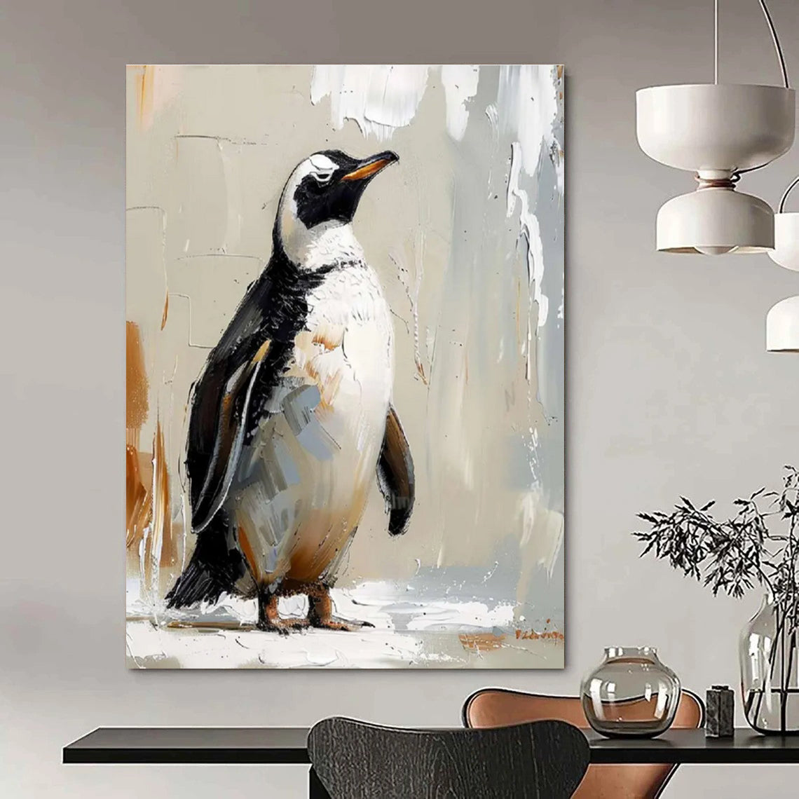Textured Penguin Portrait Abstract Painting with Neutral Background ADGE496