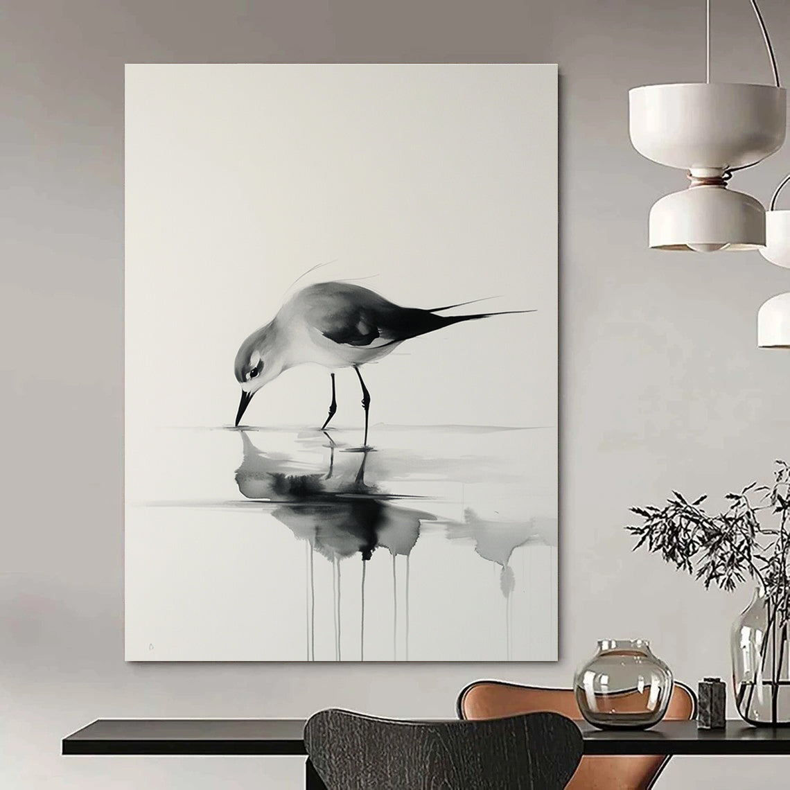 A large abstract painting featuring a bird walking on water with delicate brushstrokes in black and gray tones against a white background.STSC906