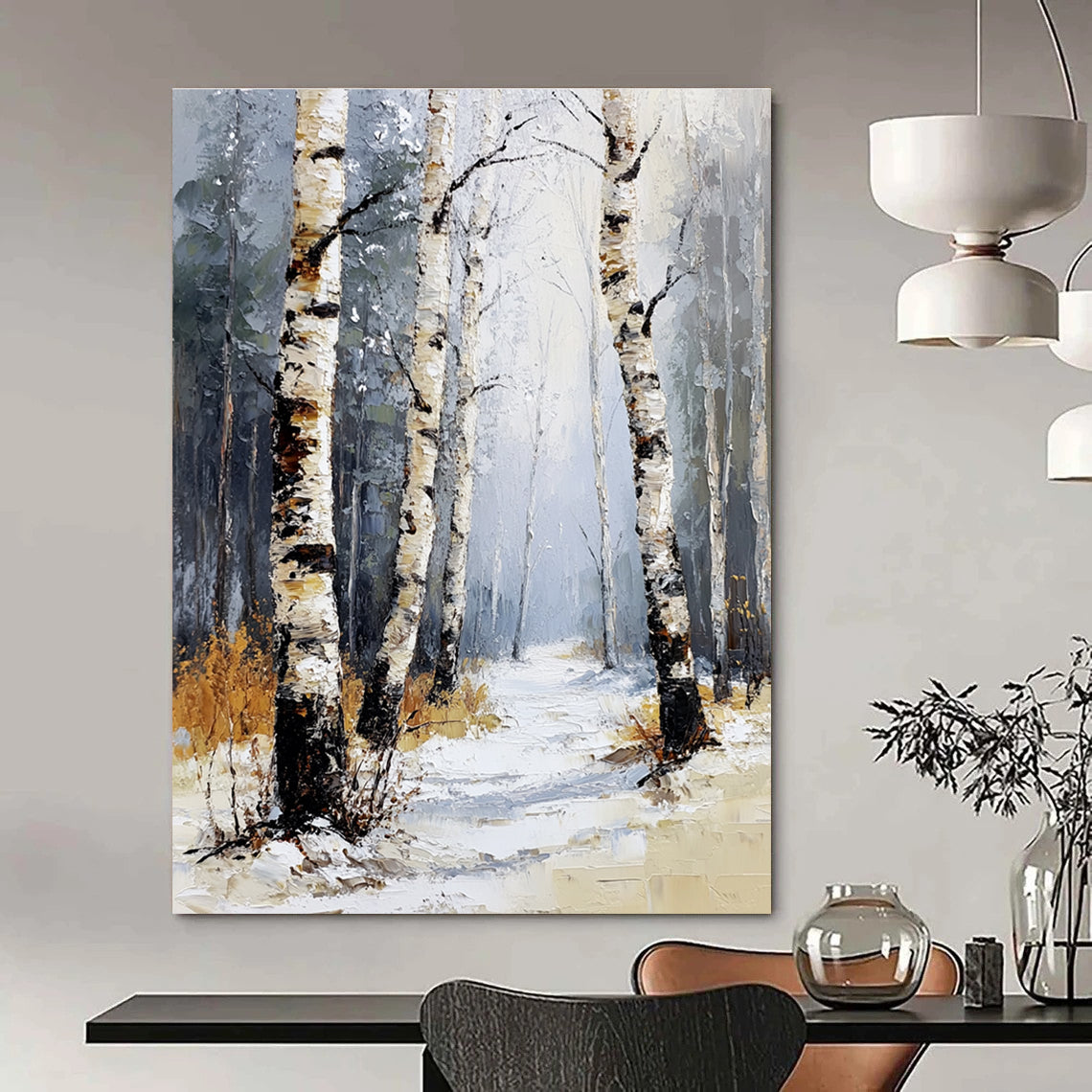 Abstract painting featuring a winter birch forest with soft tones light colors and warm sunshine illuminating the scene among the snowflakes and distant pines.STSC1271