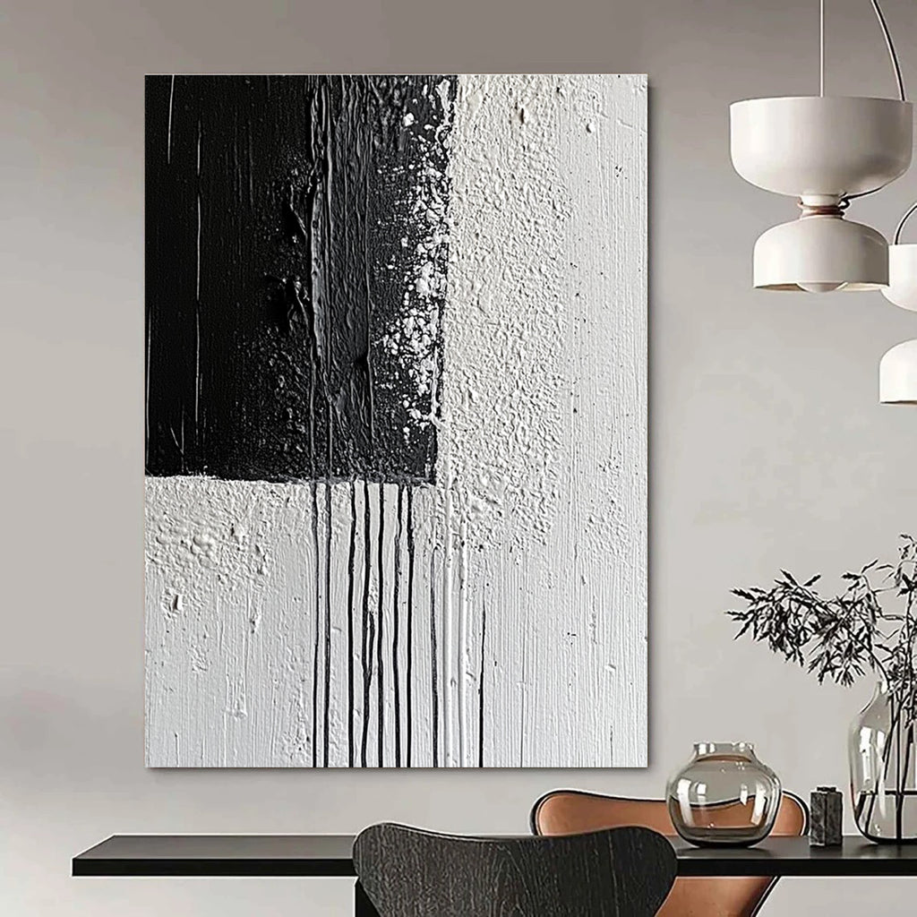 Large abstract painting with broad strokes and delicate paint drips on a textured canvas featuring a monochromatic gray color scheme.STSC539