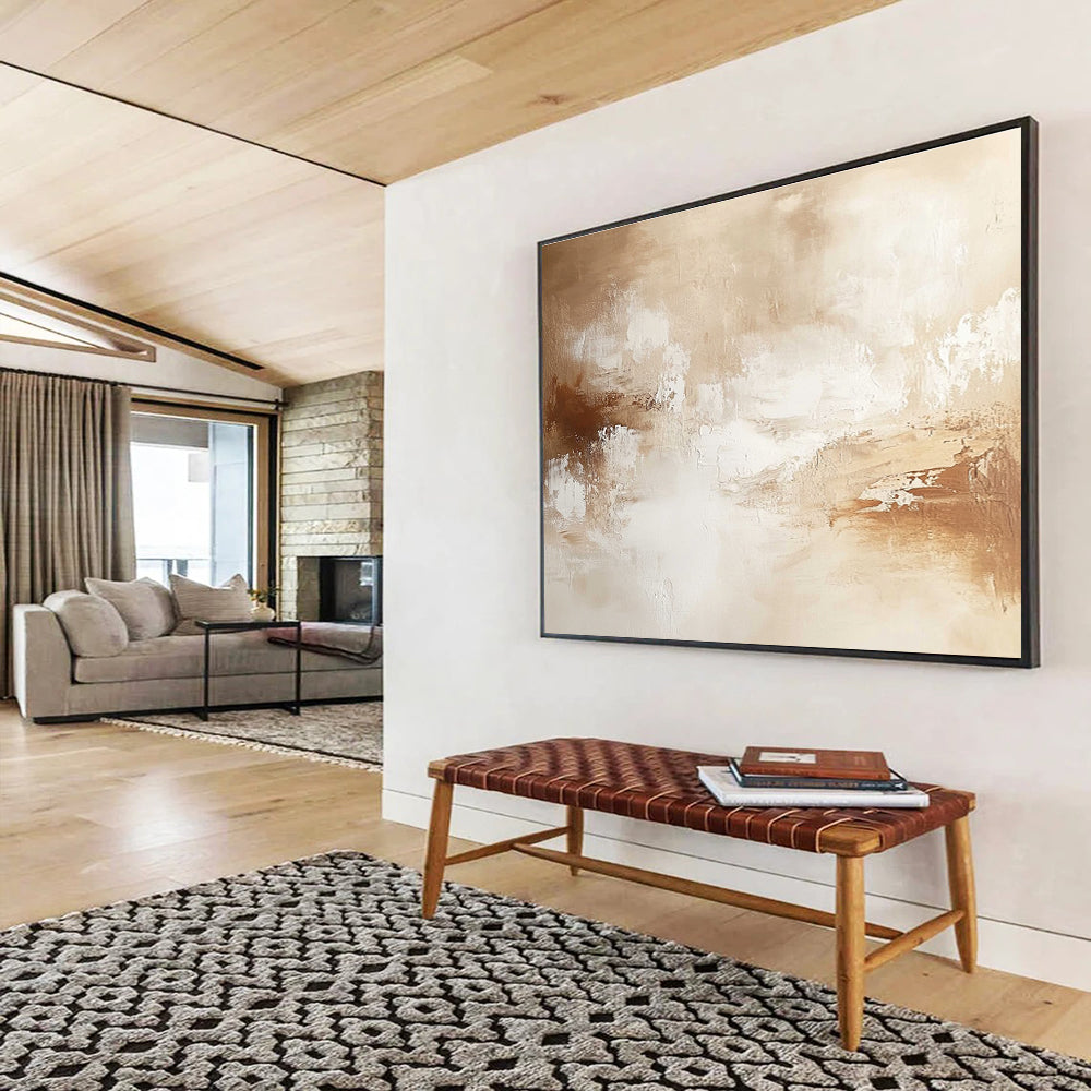 Large abstract painting with warm neutral tones soft brushstrokes and subtle textures creating a calming and sophisticated atmosphere.SC010