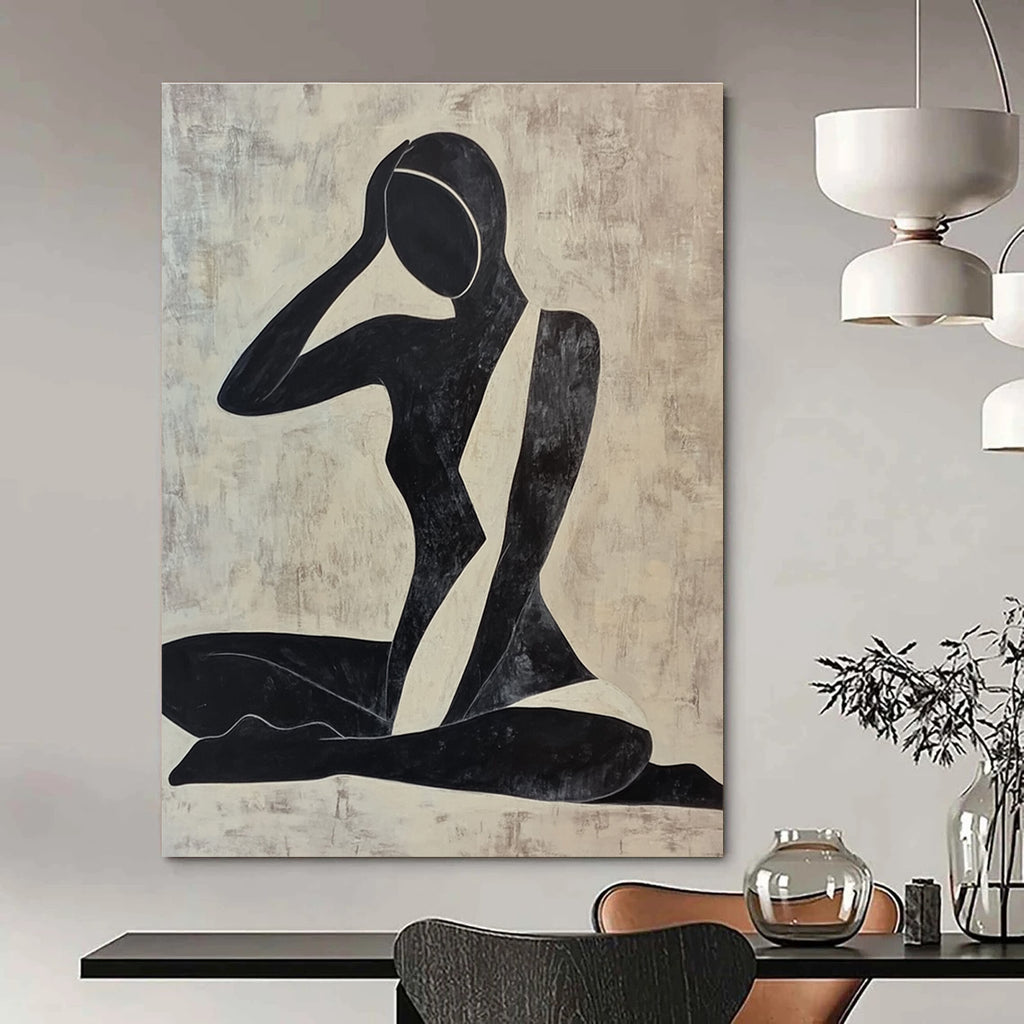 Large abstract painting of a woman doing yoga featuring simple shapes and lines in black and white against a dark clean background.STSC012