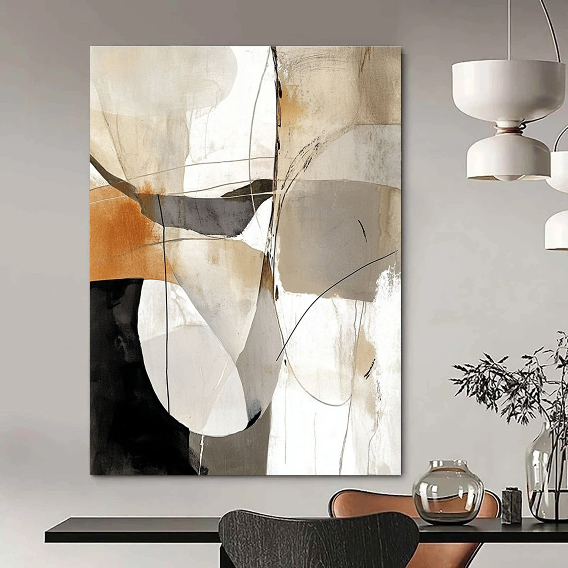 Large abstract painting featuring white black gray and beige lines with brown and light orange accents on a clean white background.STSC438