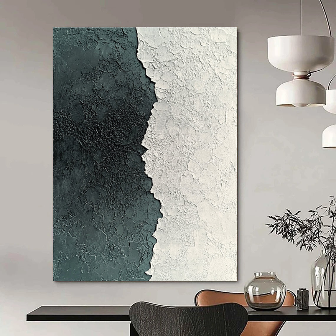 Large abstract painting of textured white and grey plaster with deep green accents showcasing detailed patterns and a captivating grainy finish.STSC836