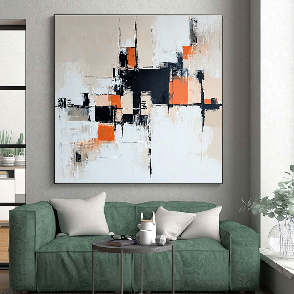 Orange and Black Abstract Painting with Geometric Forms GER457