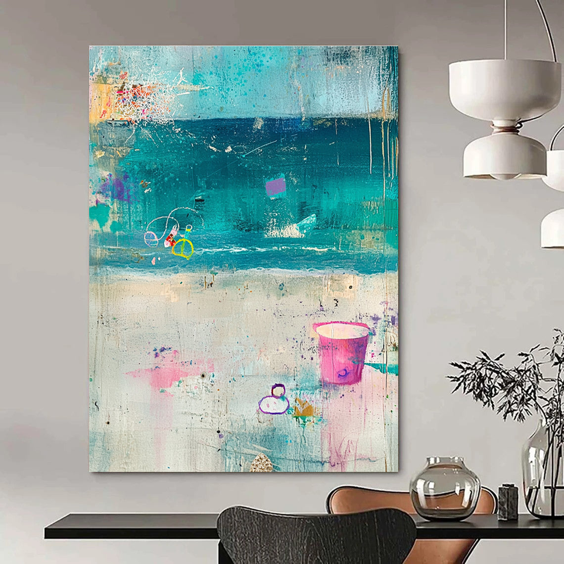 Large abstract painting featuring a pastel beach scene with elements of the sea sand and sky in soft tones set against a textured gray background.STSC1101