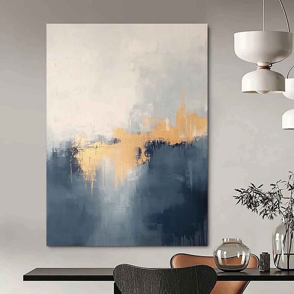 Large abstract painting in grey and blue tones with gold accents creating a dreamy misty atmosphere.STSC731