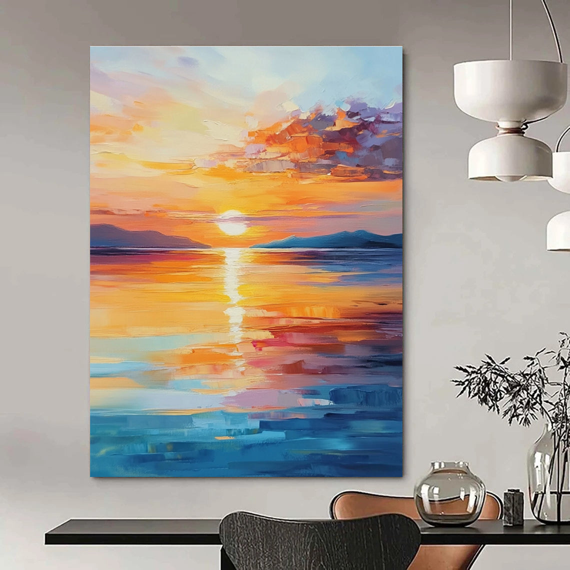 A large abstract painting of a beautiful sunrise over the sea with warm colors and calming reflections, capturing tranquility and hope.STSC900