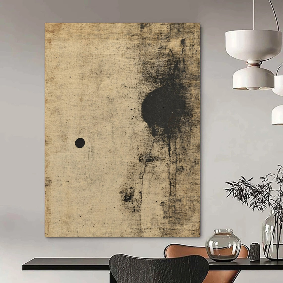 Large abstract painting of an animal in beige and black with antique texture soft edges and minimalist aesthetic.STSC635