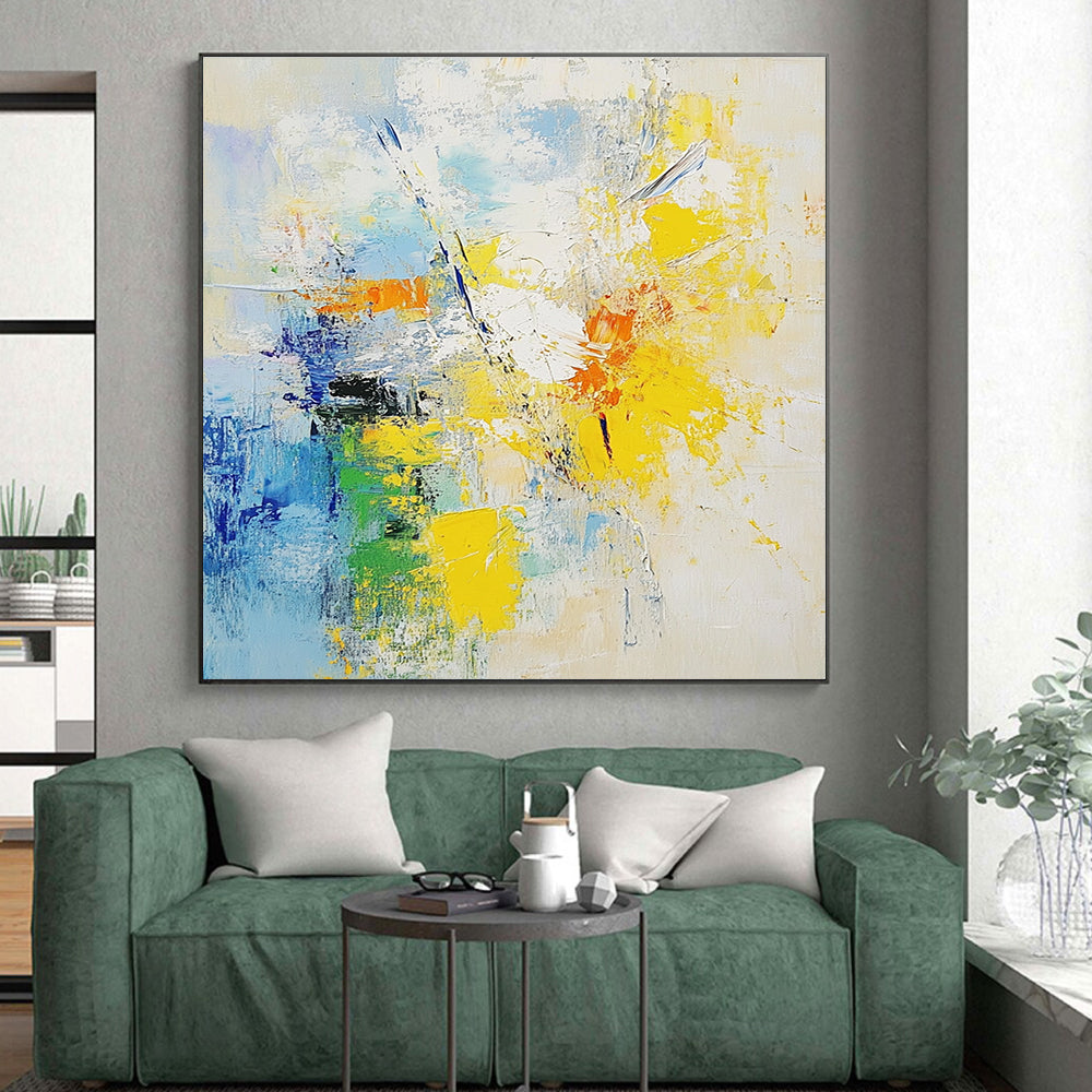 Blue and Yellow Abstract Painting with Energetic Splashes GER486