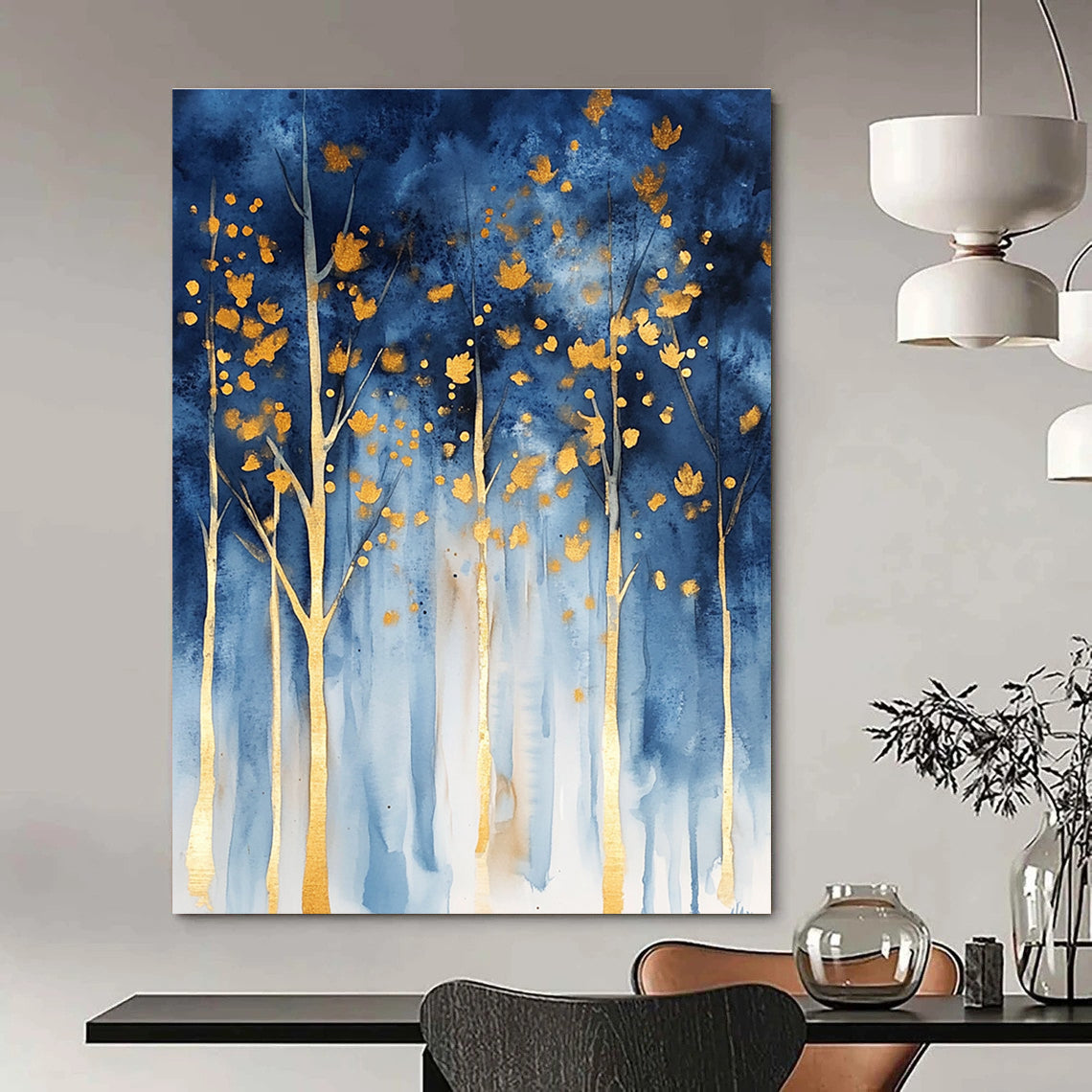 Abstract forest in watercolor with blue and gold hues and gold foil accents featuring trees with golden leaves against a dark sky.STSC059