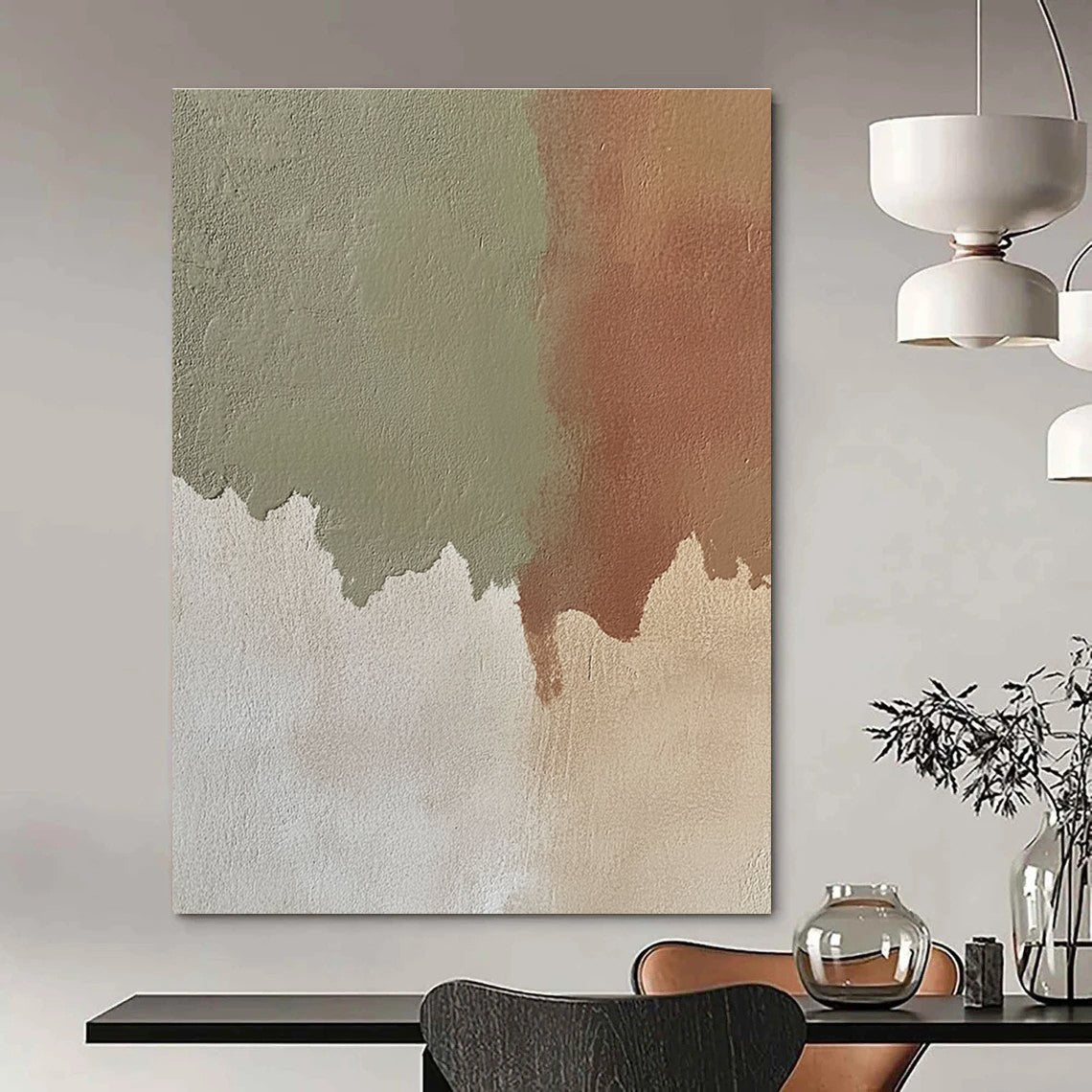 Abstract hand-painted artwork featuring beige paint with green shadows and reddish-brown shapes showcasing neutral tones and subtle color contrast.STSC488