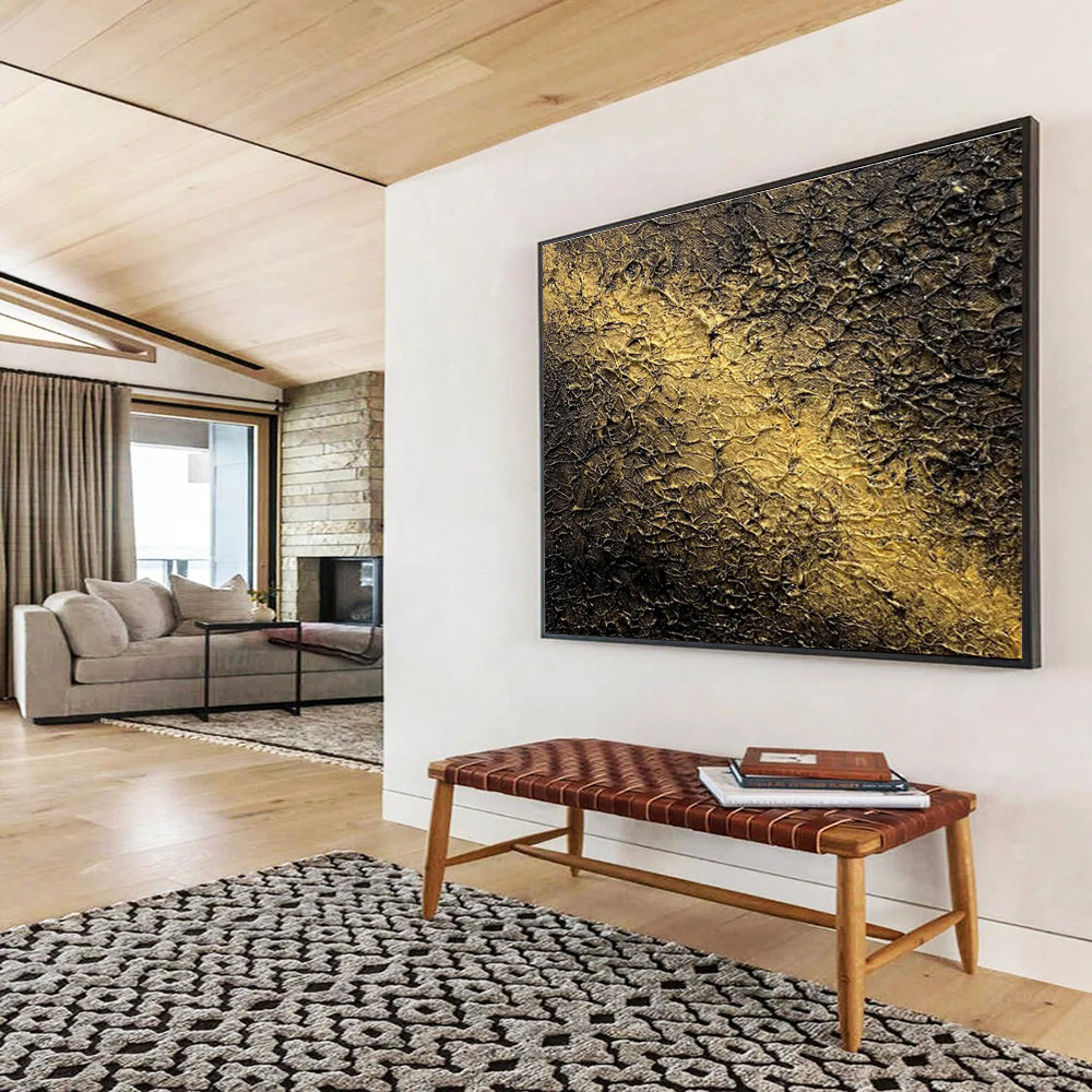 Black Gold Textured Abstract Painting with Rich, Layered Surfaces THY370
