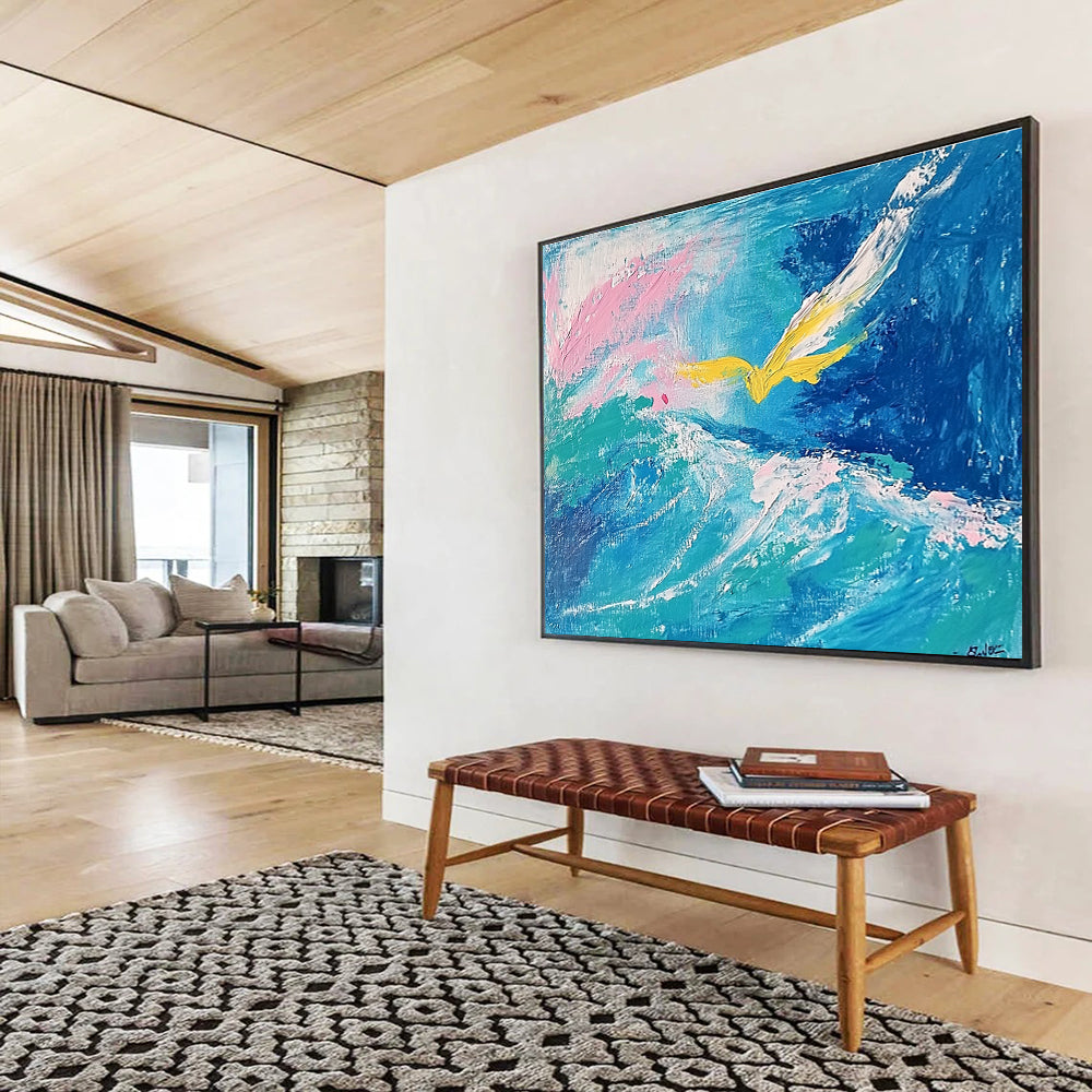 Large abstract painting featuring fluid turquoise and blue tones with pink highlights, a yellow bird, and a whimsical smile hidden within the waves.SC364