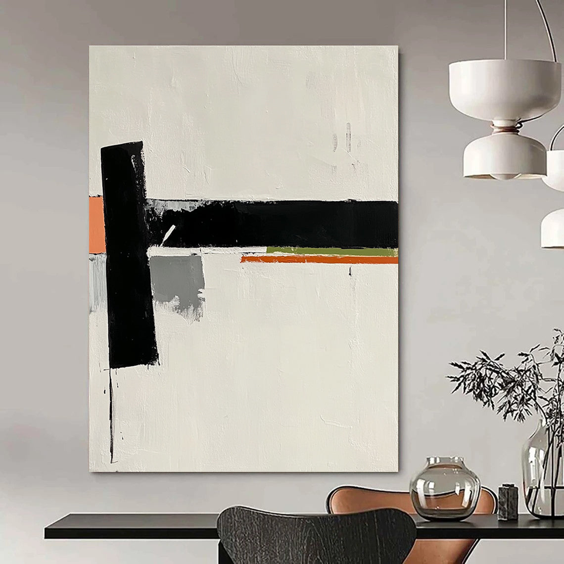 A large abstract painting features a white background with a small black rectangle and orange stripes alongside gray and green shapes embodying elegance.STSC569