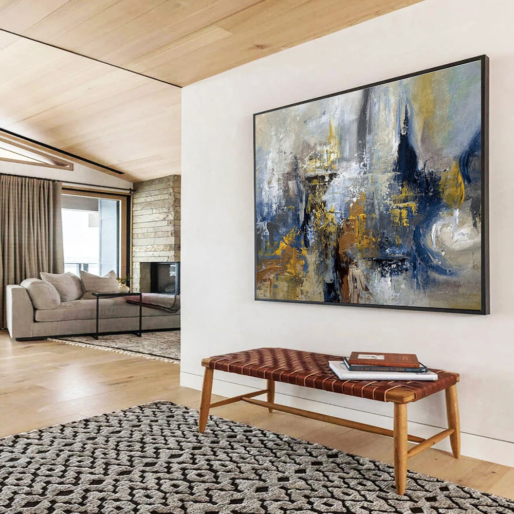 Blue Gray Gold Abstract Painting with Industrial Abstraction THY339