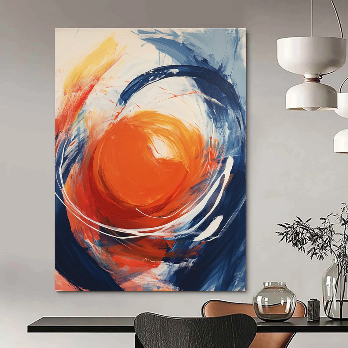 Large abstract painting featuring an orange orb with swirling white energy against a light gray background showcasing vibrant colors and dynamic brushstrokes.STSC744