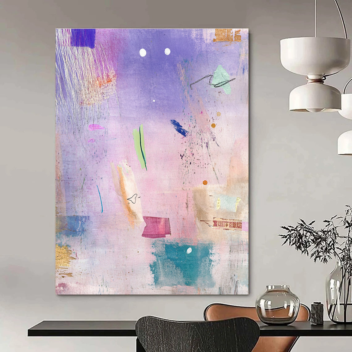 Abstract painting featuring pastel textures shapes dreamy atmosphere with dragonflies swans scattered books fabric feathers leaves watercolor technique whimsical aesthetic.STSC605