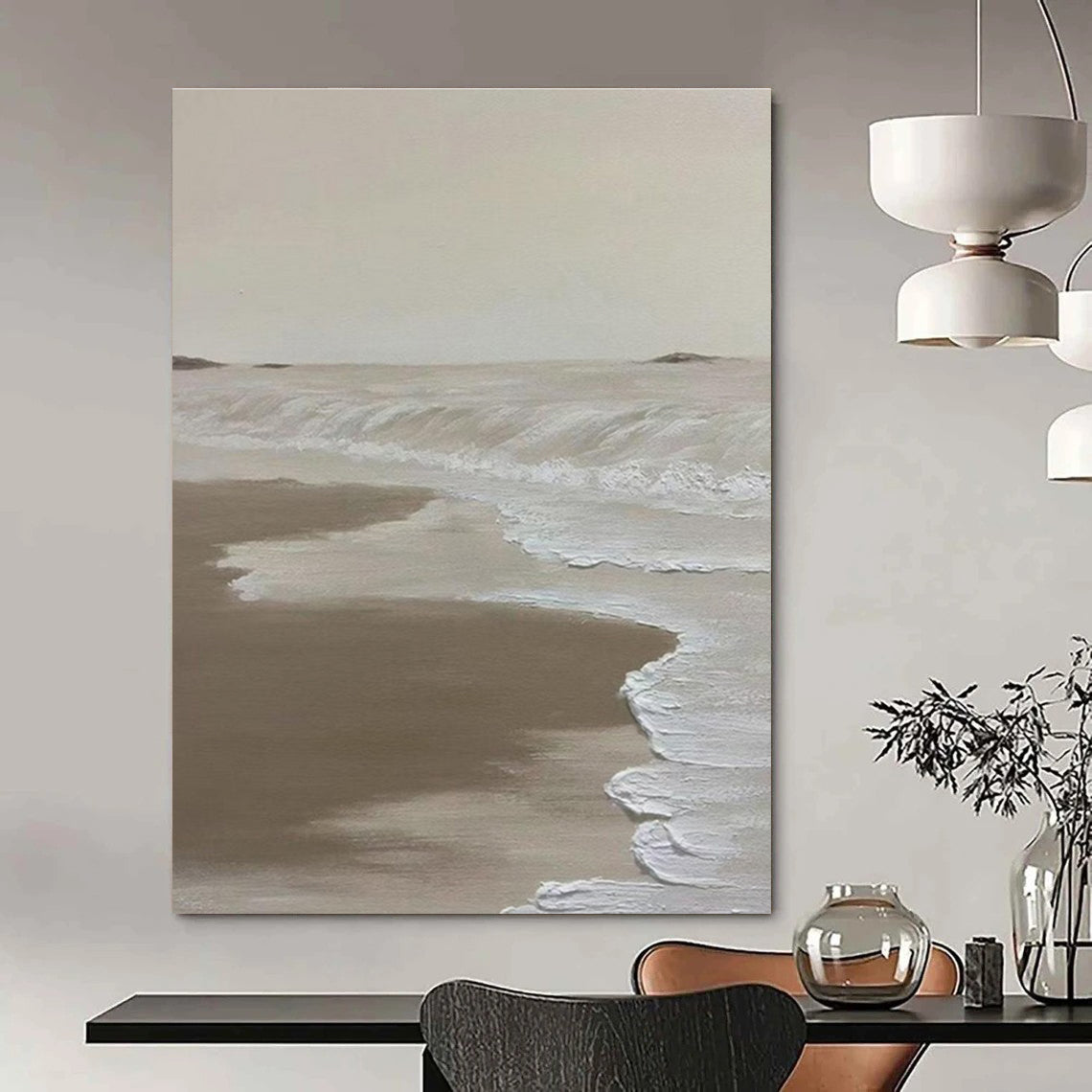 Beige and White Seaside Abstract Painting with Textured Waves ADGE521