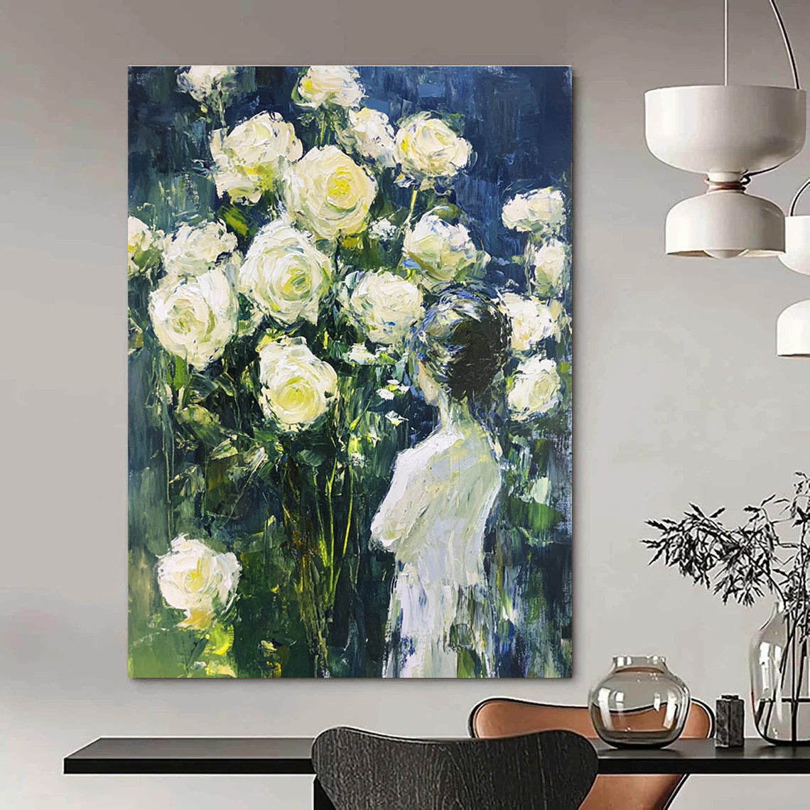 Abstract painting of fluid white roses on a dark blue background with light green accents, perfect for enhancing any space.STSC1489