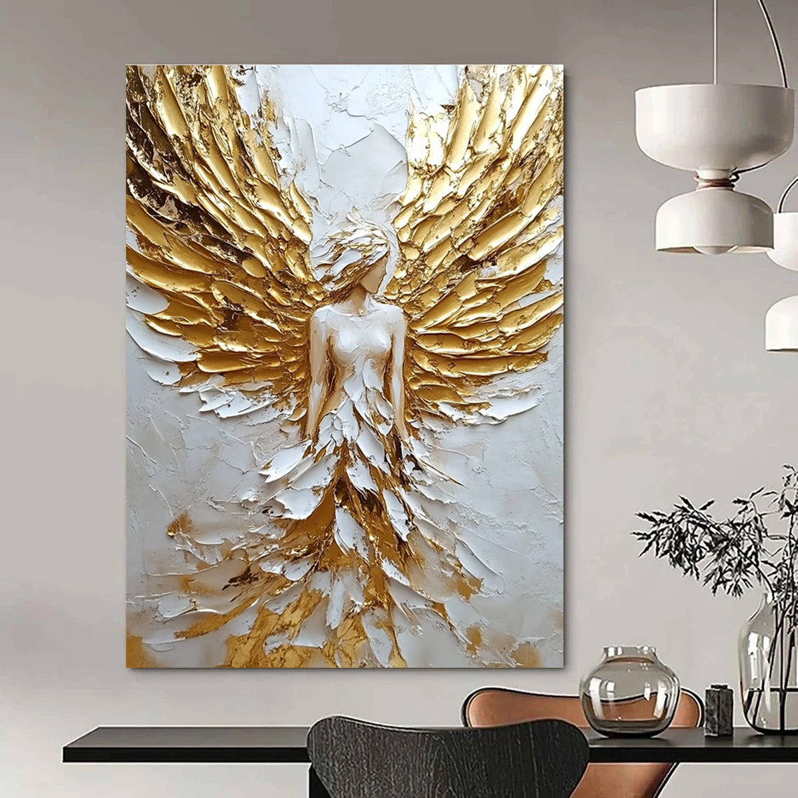 Large abstract painting of an angel with golden wings on textured canvas showcasing a white and gold color palette.STSC142
