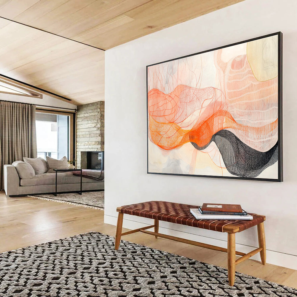 Line and Color Wave Abstract Painting with Orange and Black DYP462