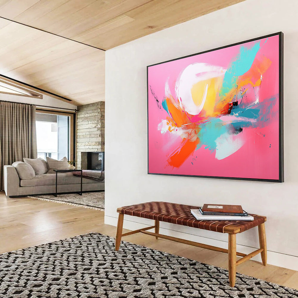 Large abstract painting with a pink background and vibrant orange and teal accents showcasing dynamic brush strokes.SC224