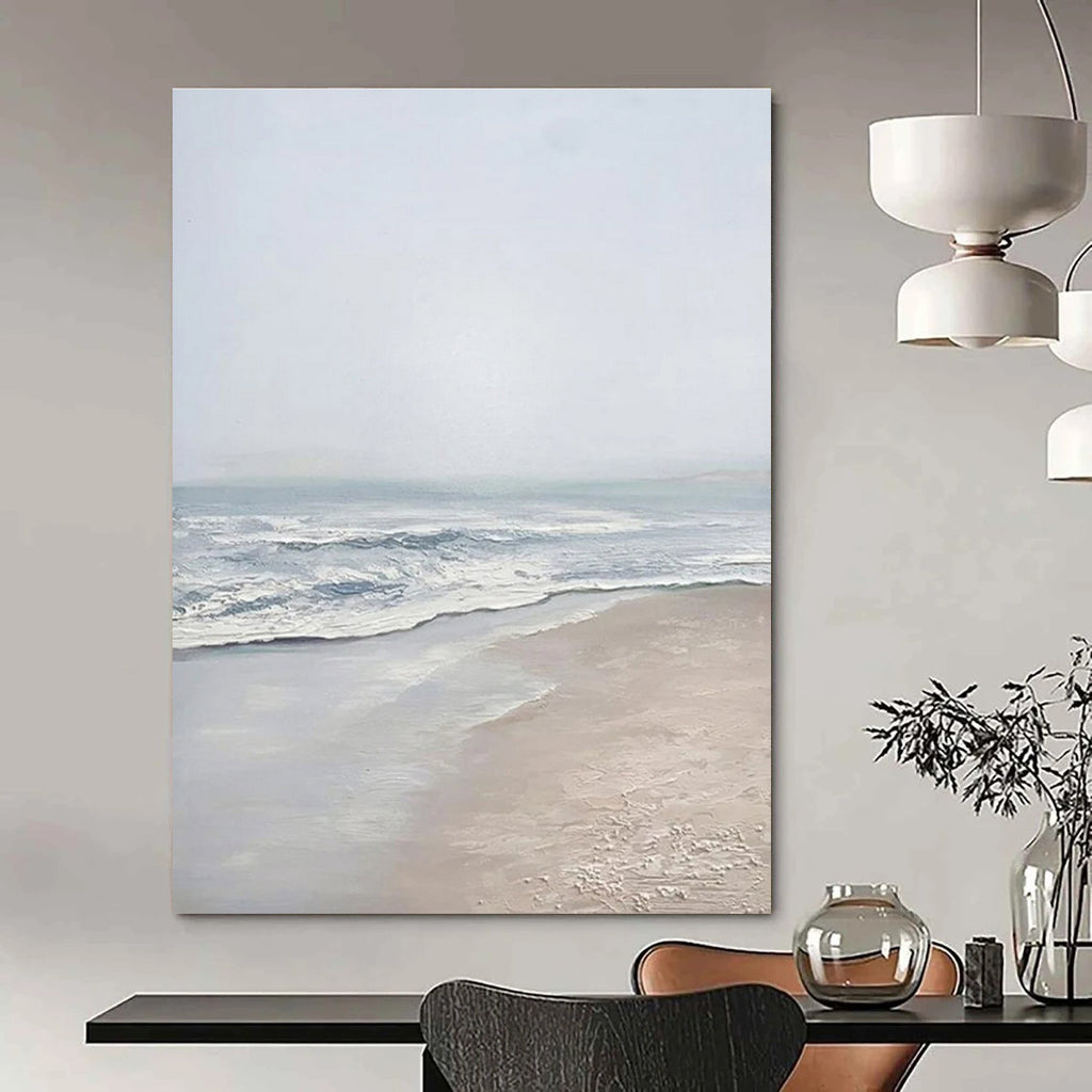 Light - toned Beach Scene Abstract Painting with Blue and Beige ADGE310