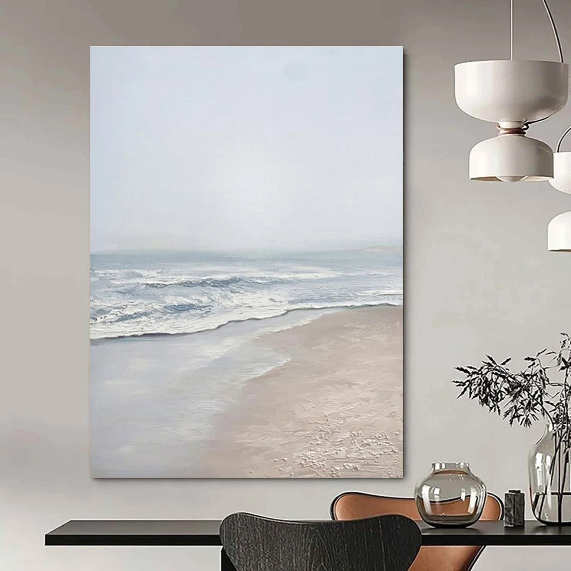 Light - toned Beach Scene Abstract Painting with Blue and Beige ADGE310