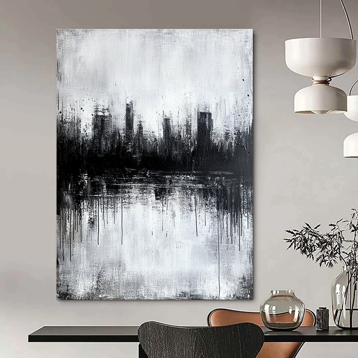 Large abstract painting featuring a city skyline reflection in water with textured gray tones evoking a serene and mysterious atmosphere.STSC025