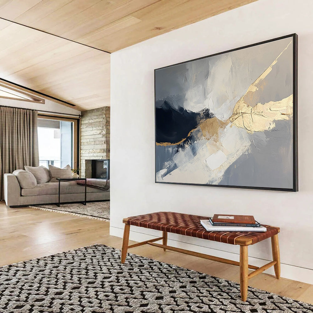 Gray and Gold Abstract Painting with Fluid Shapes DYP299