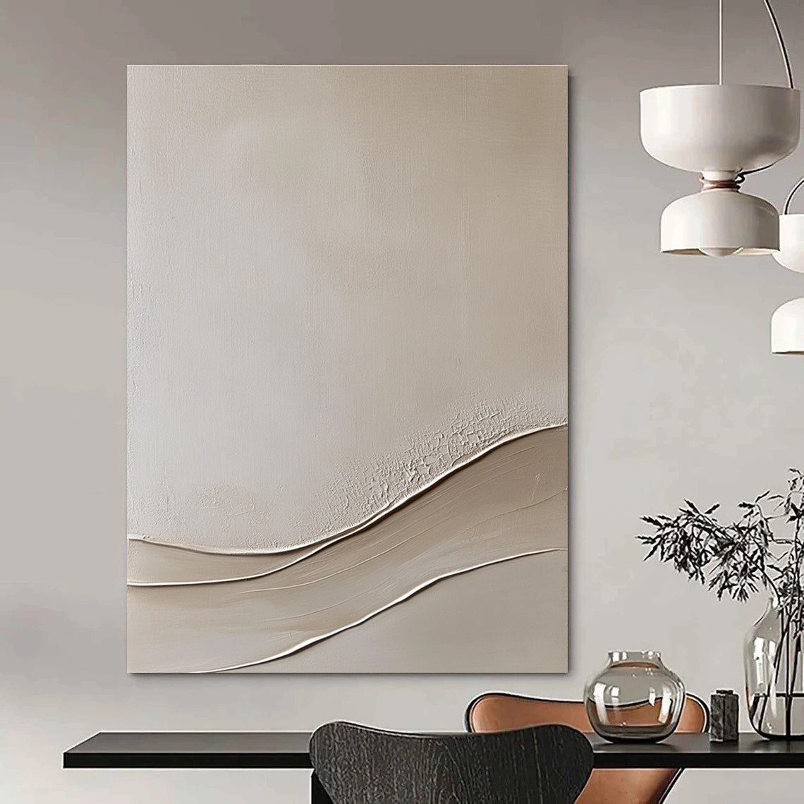 Abstract painting featuring a beige wall with smooth curved lines on a textured canvas in a neutral color palette and fine art style.STSC867