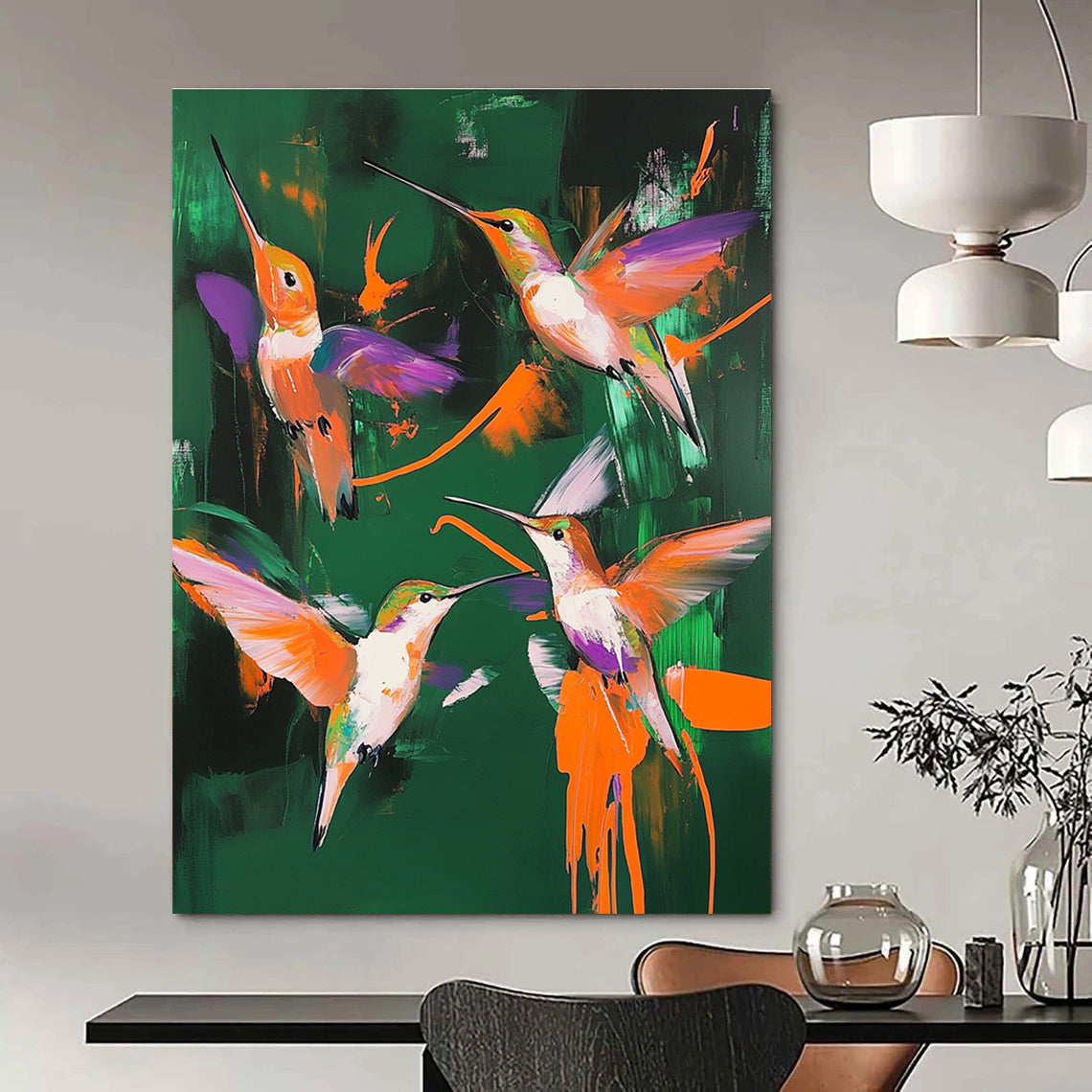 Large abstract painting featuring hummingbirds in vibrant colors with dark green background and bold brush strokes, inspired by Dorothea Tanning's surrealistic style.STSC1014