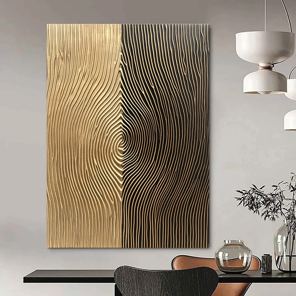 Abstract wall art features light brown and dark bronze sections with vertical lines and delicate curves for a visually engaging experience.STSC1214