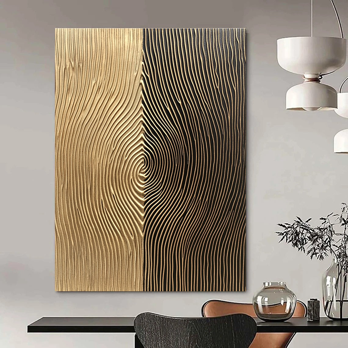 Abstract wall art features light brown and dark bronze sections with vertical lines and delicate curves for a visually engaging experience.STSC1214