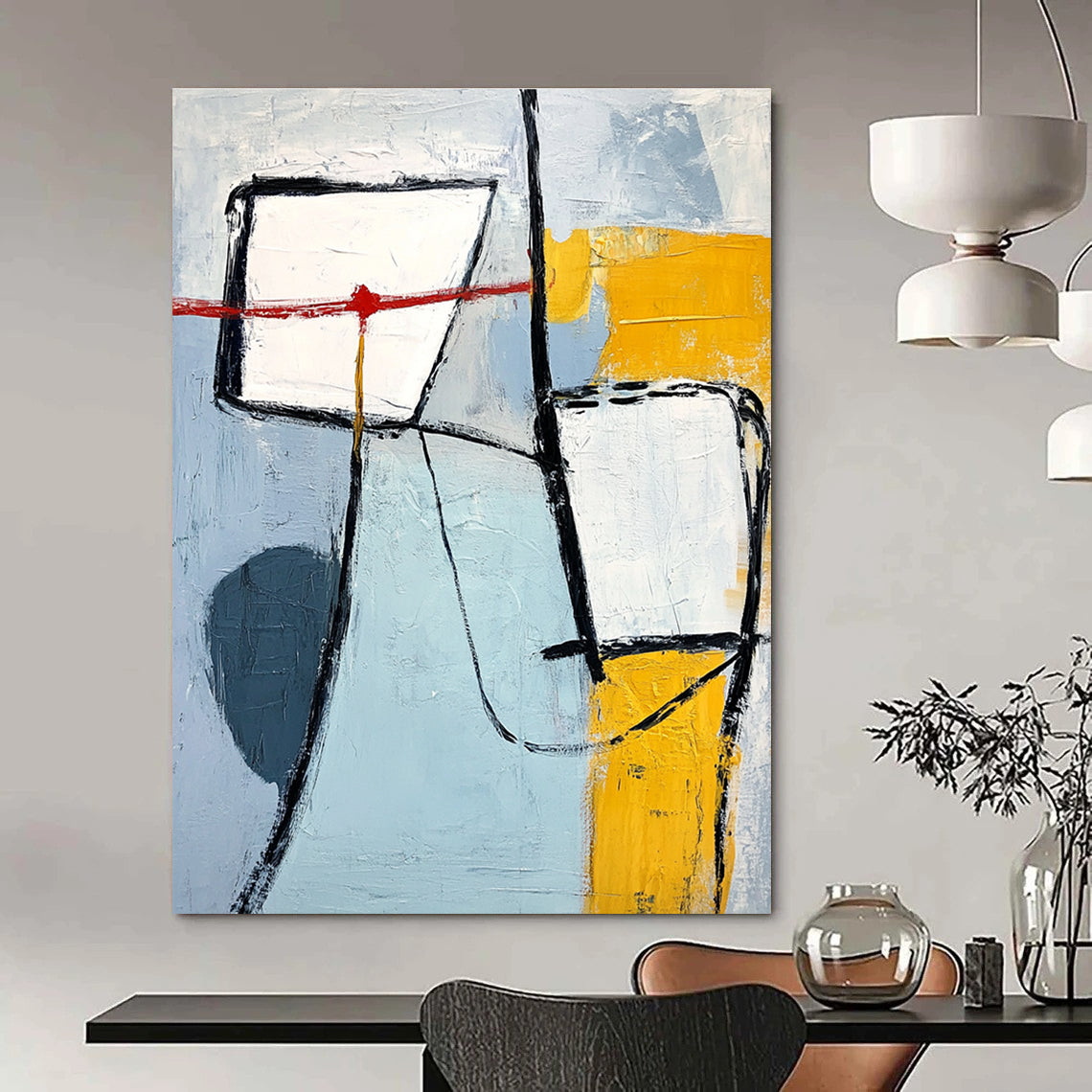 A large abstract painting with light blue gray and yellow shapes thick black lines and a prominent white square in the top-left corner.STSC613
