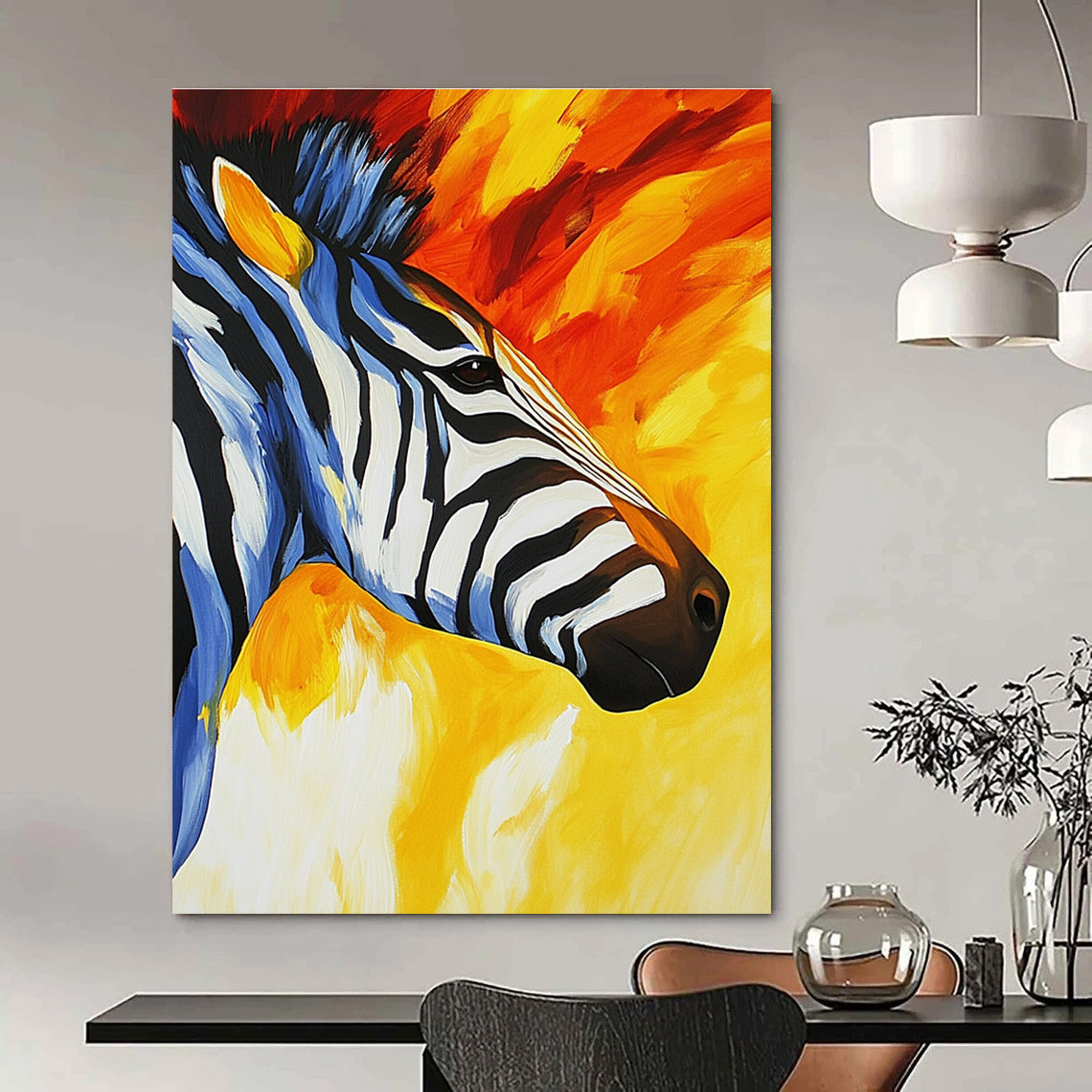 Abstract painting featuring a zebra's face and neck with vibrant stripes in yellow orange red blue white and black capturing movement and texture.STSC961