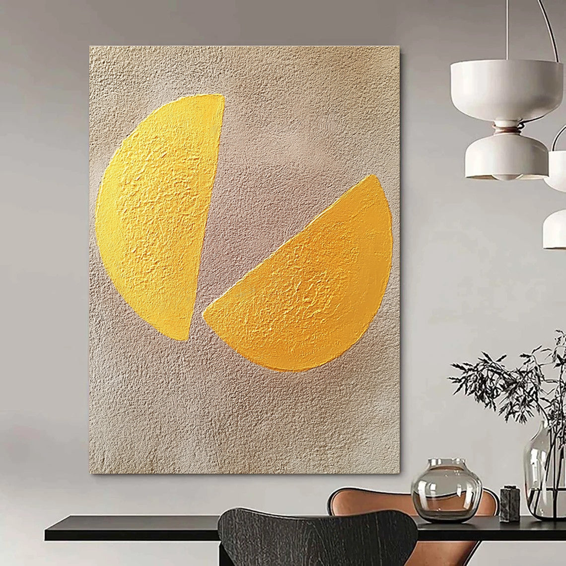 Abstract painting featuring two yellow semi-circular shapes on a textured gray background showcasing minimalist artistry and contemporary appeal.STSC1456