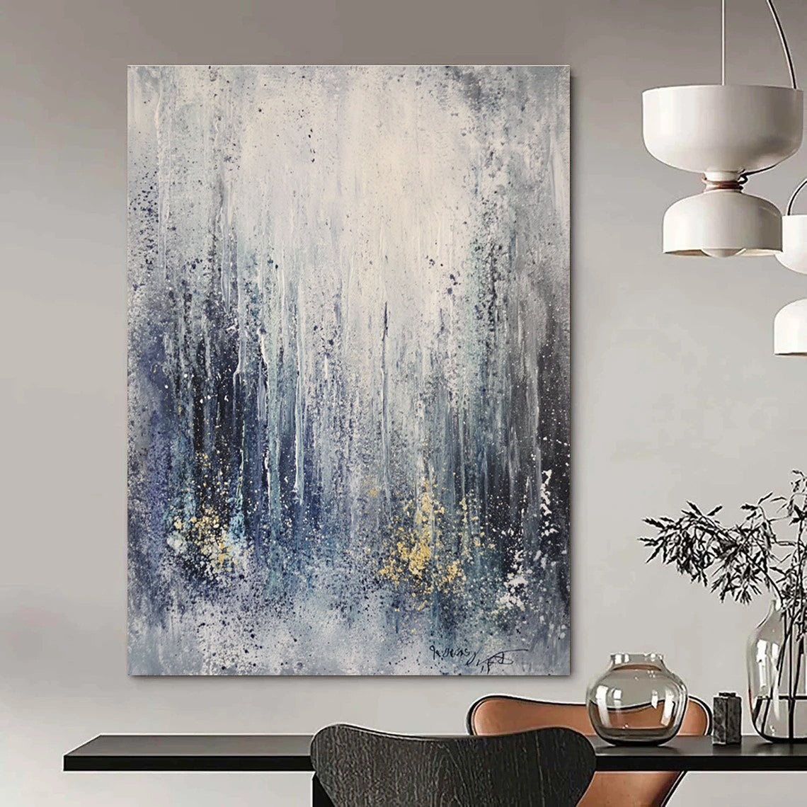 Large abstract painting capturing an ice storm featuring frozen waterfalls and icicles in gray tones with splashes of gold and blue.STSC607