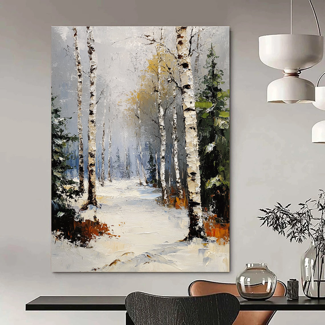 Abstract painting of a winter birch forest with pines under a grey sky and snowfall featuring thick impasto brush strokes.STSC1381