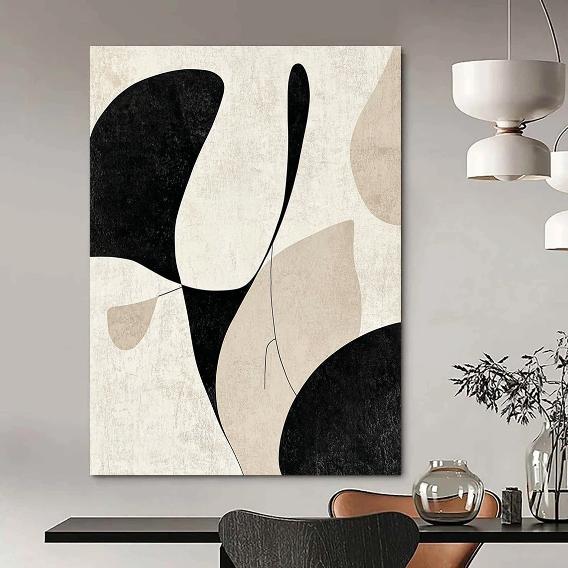 Abstract painting featuring black and beige soft lines and gentle curves creating an elegant minimalist design that highlights simplicity and form.STSC471
