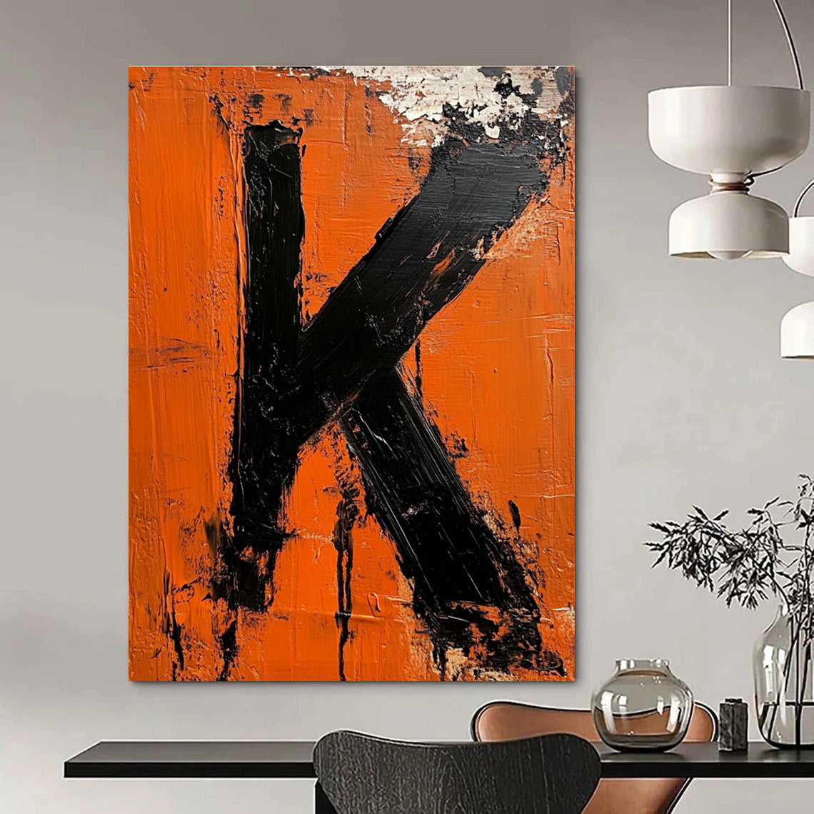Large abstract impasto oil painting featuring the letter K in vibrant orange and black inspired by minimalist design.STSC1326